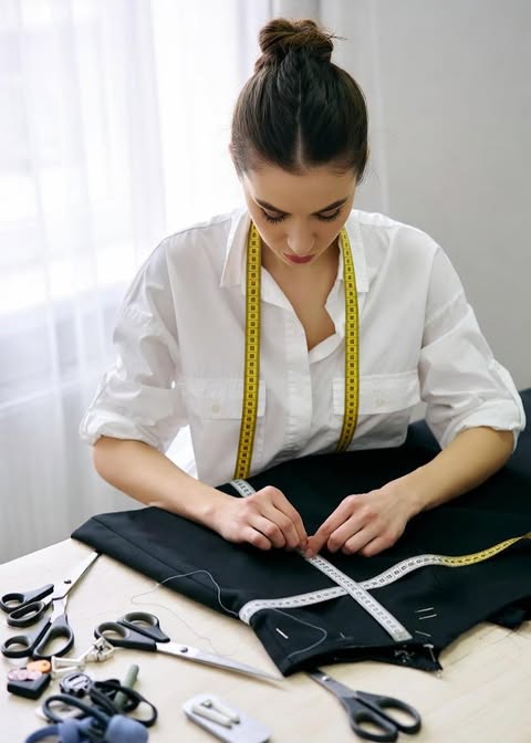 “Tailor adjusting measurements while performing clothing alterations.”