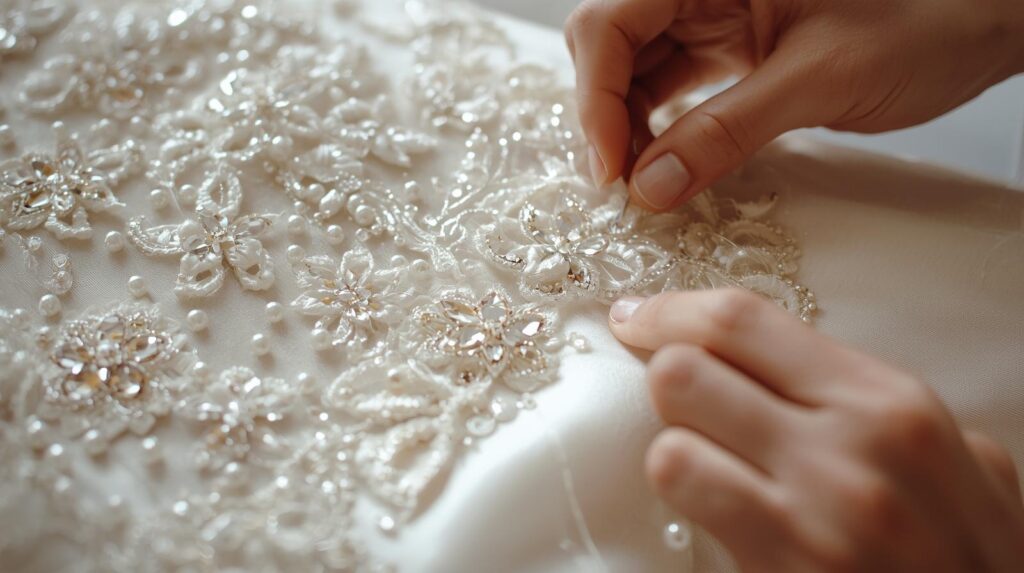 A bridal dress being stitched by hand. Detailed embroidery beads and lace placed carefully on a soft ivory fabric. A tailors hands working with precision