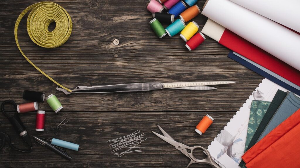 A flat lay of professional stitching tools measuring tape scissors threads fabric pieces patterns chalk and needles arranged neatly on a wooden table