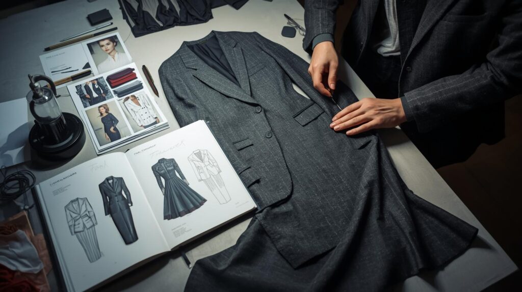 “Designer tailor creating a custom women’s suit with modern cuts and stylish details.”

