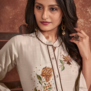 Cotton light beige resham embroidered kurti for party wear stitched by Bano Stitching