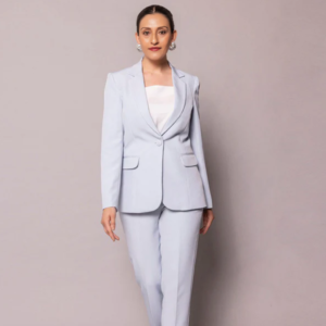 Women light blue formal suit stitched by Bano Stitching with tailored blazer and straight pants