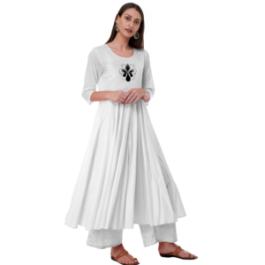 White cotton embroidered Anarkali style kurti by Bano Stitching for women traditional wear