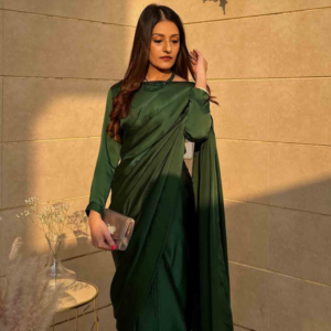 Emerald green plain silk wedding saree by Bano Stitching for women party and wedding wear
