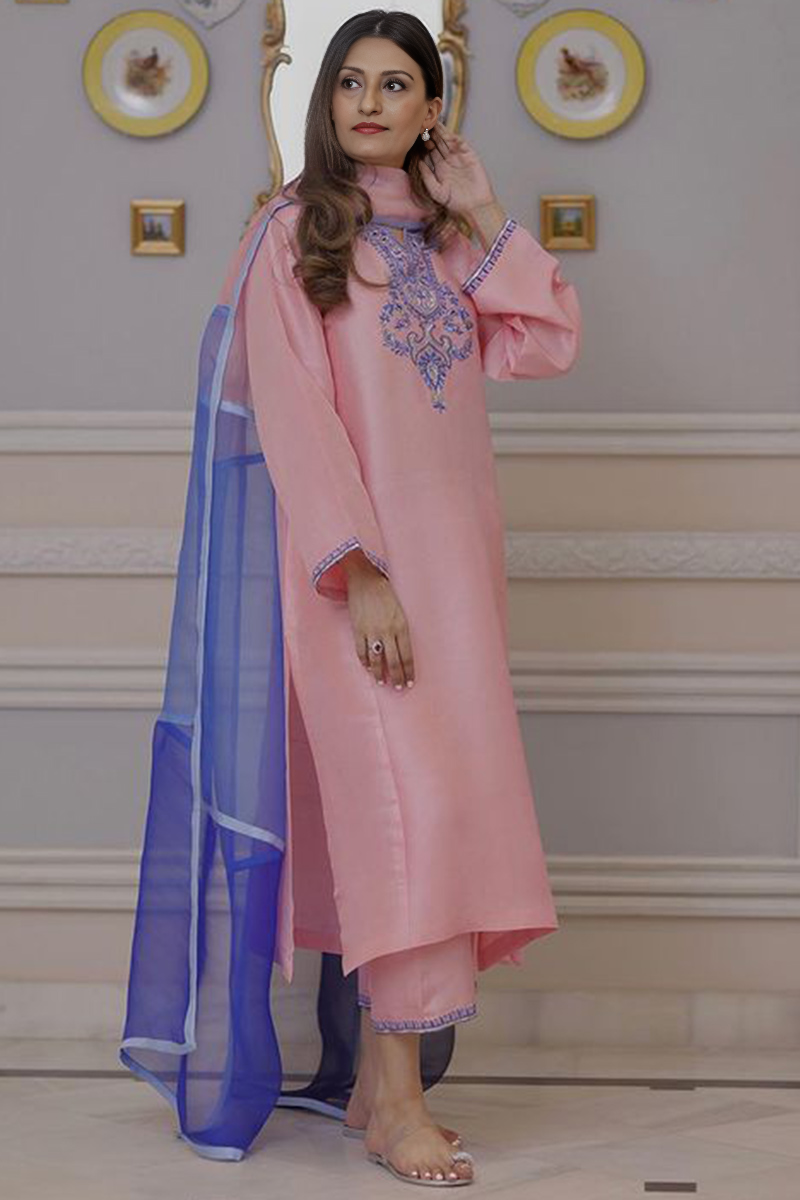 Pale pink silk embroidered wedding trouser salwar kameez by Bano Stitching for women