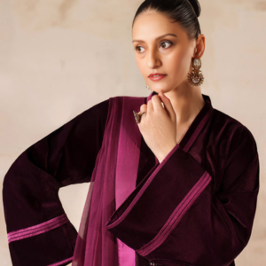 Women plum purple velvet palazzo suit with lace accents by Bano Stitching
