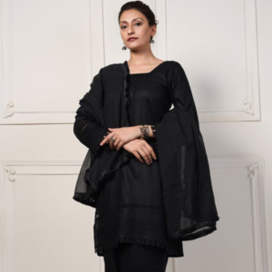 Women black cotton straight cut plain trouser suit by Bano Stitching for party wear
