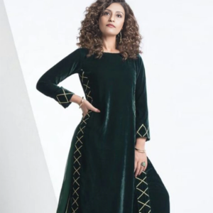 Women dark green velvet Pakistani trouser suit with lace work by Bano Stitching for party wear