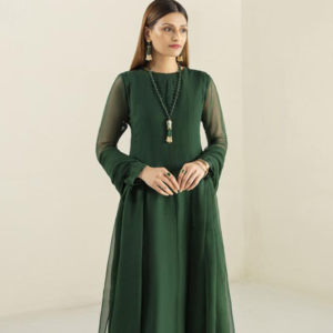 Women bottle green chiffon plain Anarkali suit by Bano Stitching for party wear