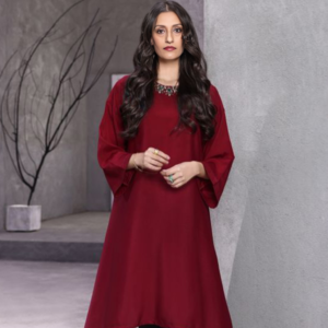 Women maroon crepe high low trouser suit with stone work by Bano Stitching for party wear