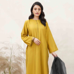 Mustard Yellow Cotton Silk Straight Cut Plain Pakistani Trouser Style Suit