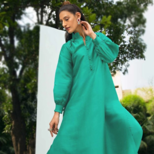 Women Persian green silk trouser suit by Bano Stitching for party wear