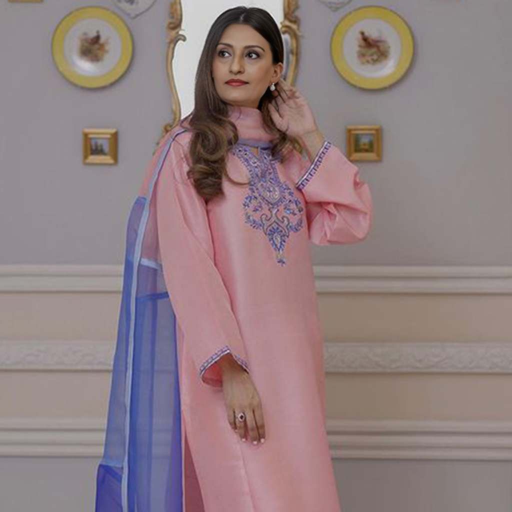 Women pale pink silk thread work embroidered trouser suit by Bano Stitching for party wear