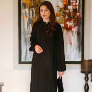 Black Florida silk plain Pakistani trouser style suit stitched by Bano Stitching for wedding wear
