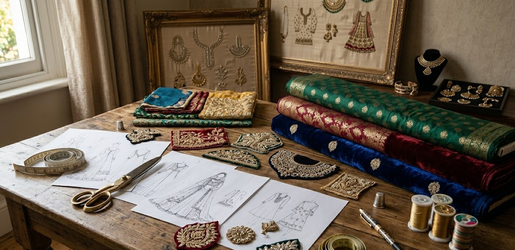 
Pakistani woman having online custom dress stitching consultation for UK customers