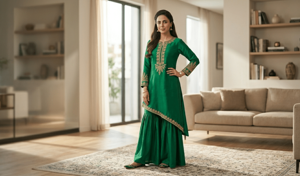 UK woman wearing a custom Pakistani outfit with perfect fitting