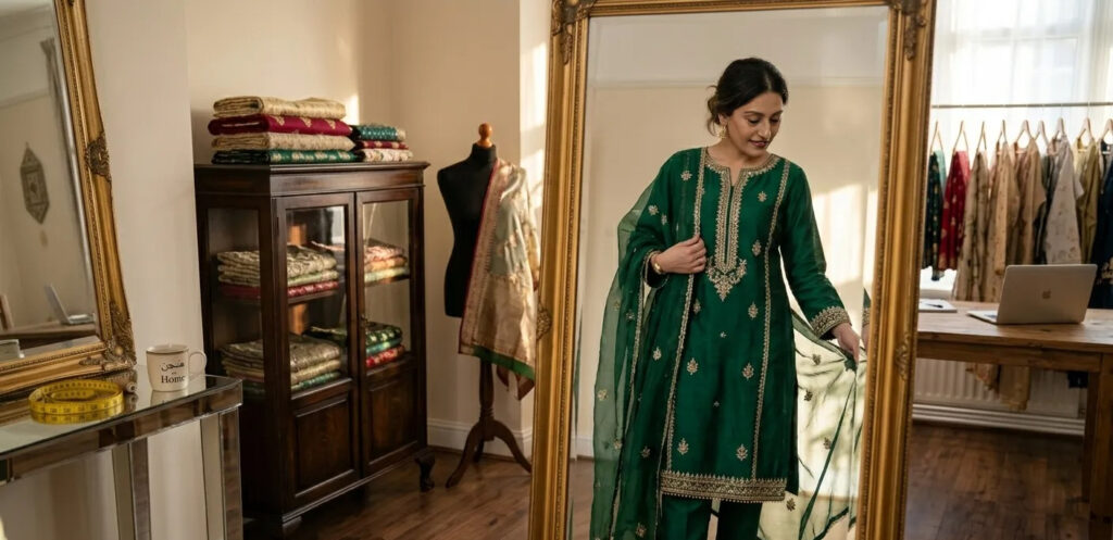 Clothing rack with Pakistani suits, kurtis, abayas, frocks and formal maxis