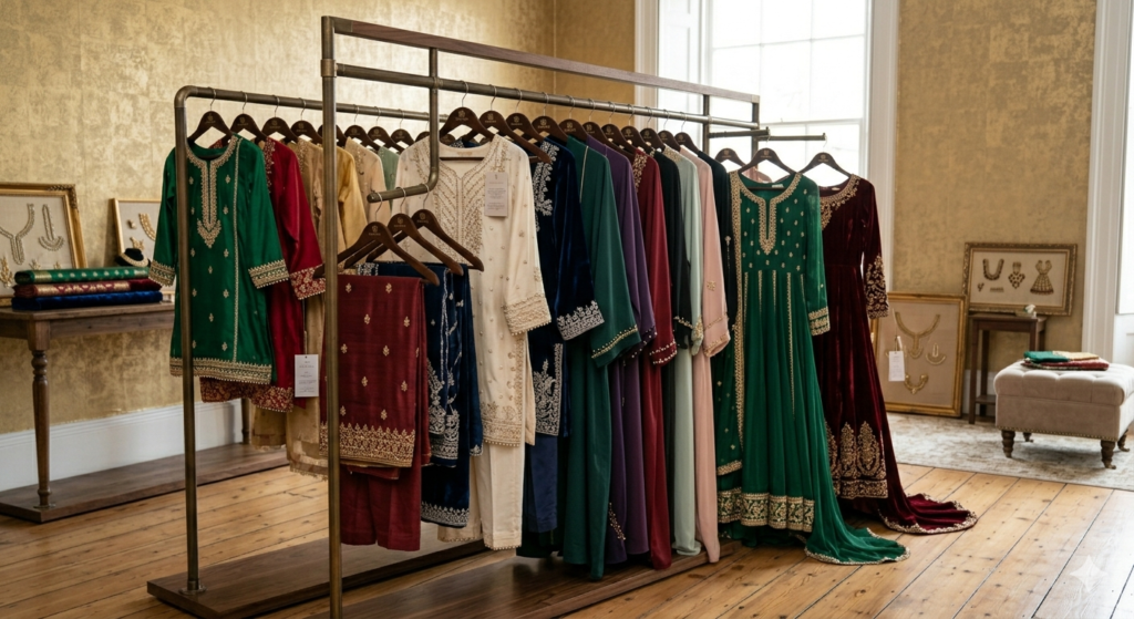 Clothing rack with Pakistani suits, kurtis, abayas, frocks and formal maxis