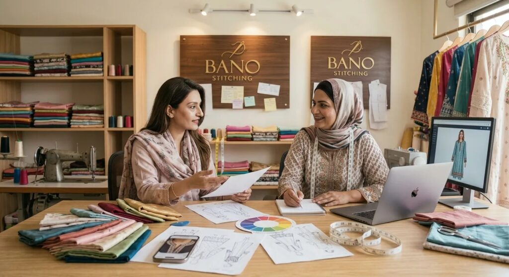 Pakistani women discussing latest dress designs and tailoring ideas with Bano Stitching.