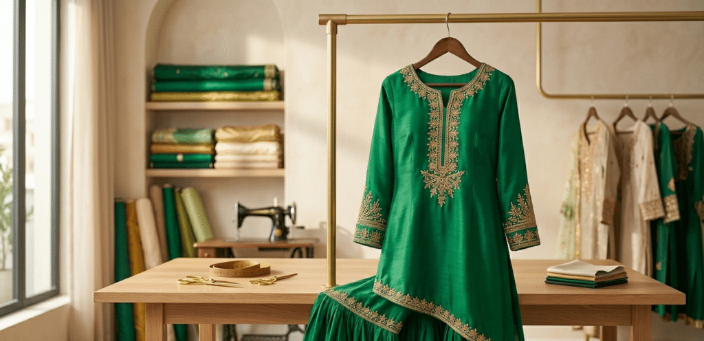 Finished custom Pakistani dress with neat stitching and professional finishing