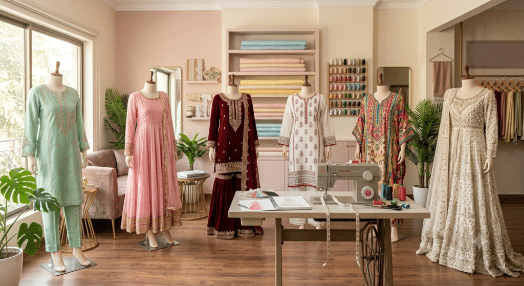 Latest Pakistani dress designs for women displayed in a modern tailoring boutique.