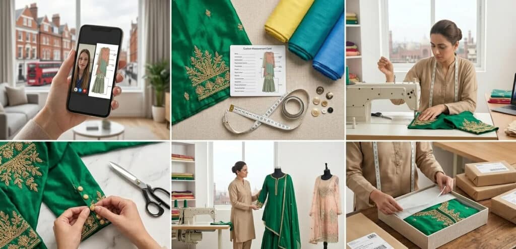 Online Pakistani dress stitching process from measurements to UK delivery