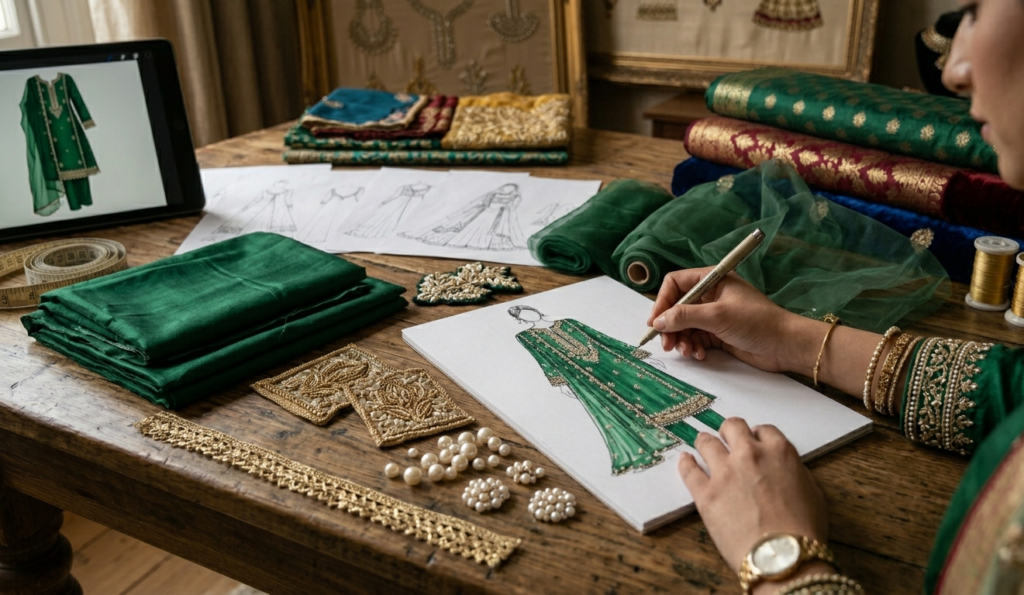 Fashion designer sketching a custom Pakistani dress with fabric and embroidery samples