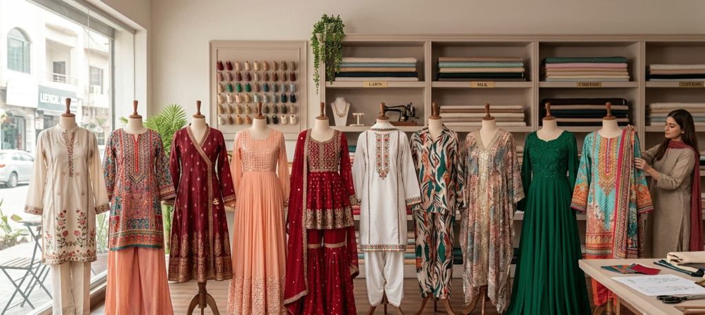 Top 10 latest Pakistani dress designs for women including lawn suits, gharara, angrakha and co-ord sets.