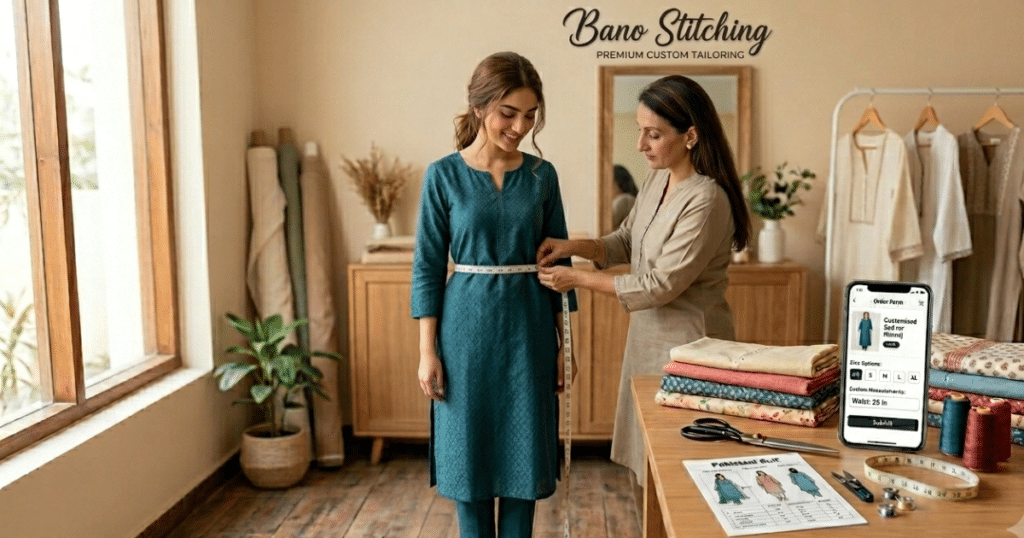 South Asian woman getting measured by a tailor for Pakistani suit stitching online