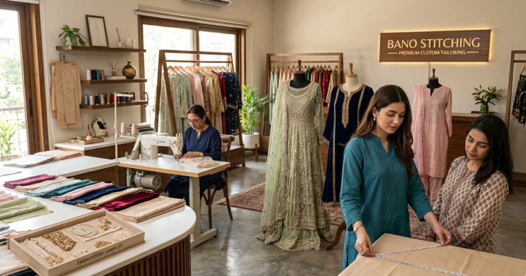 **Alt Text:** Women custom stitching service in Lahore by Bano Stitching with premium fabrics, embroidery, tailoring, and Pakistani dresses.