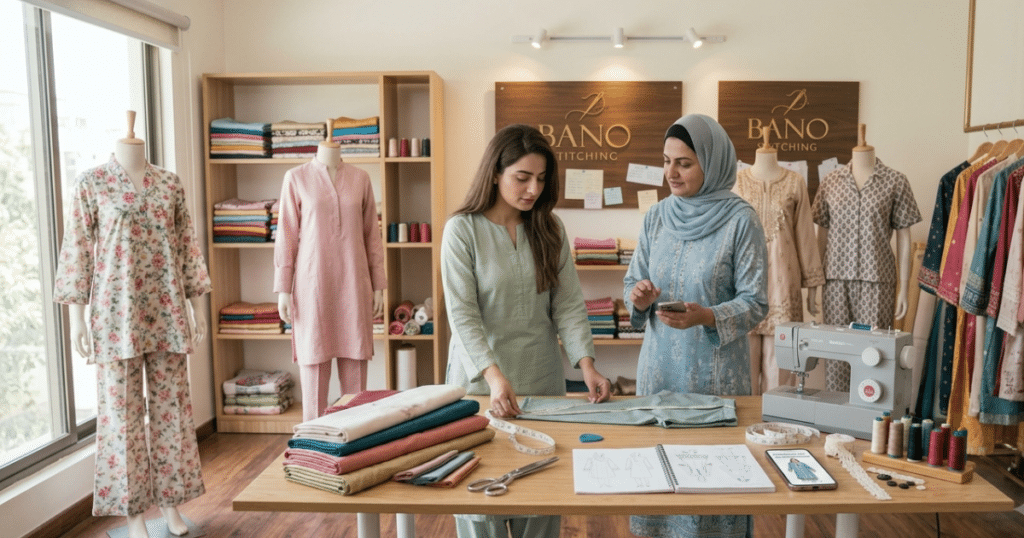 Custom co-ord set stitching ideas for women in a modern Pakistani boutique tailoring studio.