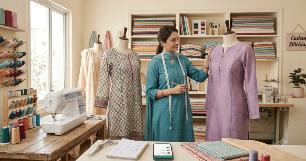 Custom stitching saves money by improving fitting and reducing clothing waste in a Pakistani tailoring studio.