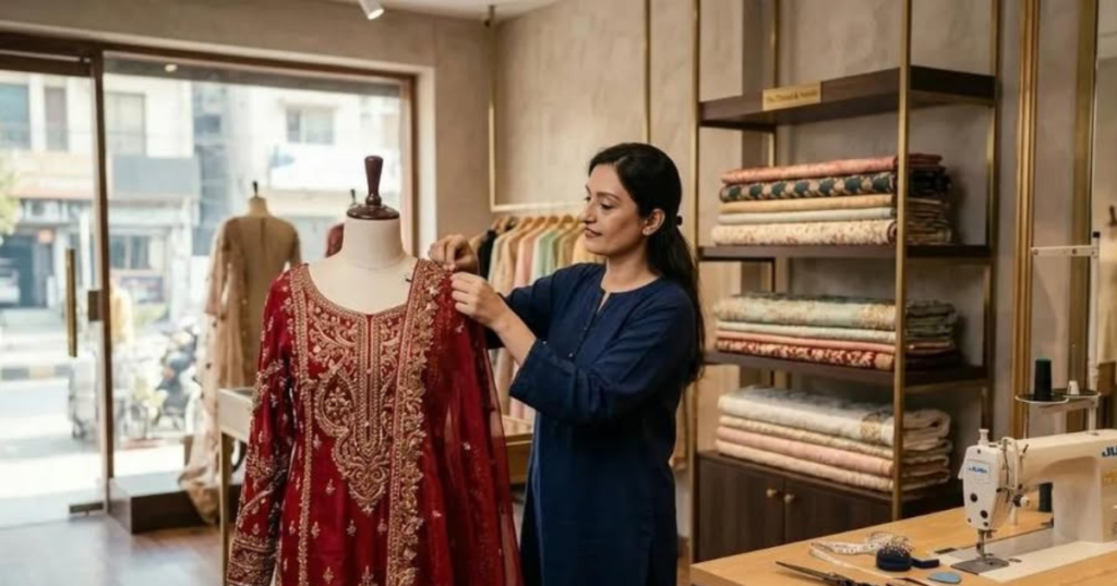 Professional women stitching services in Pakistan at Bano Stitching Lahore studio with custom embroidered dress on mannequin