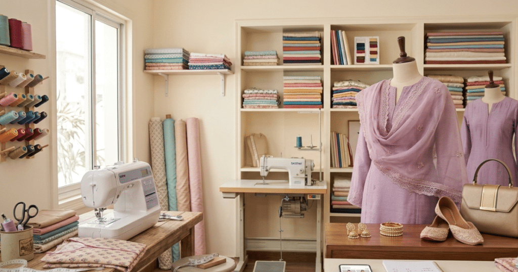 Simple Pakistani suit styled like a designer outfit in a modern boutique stitching studio.
