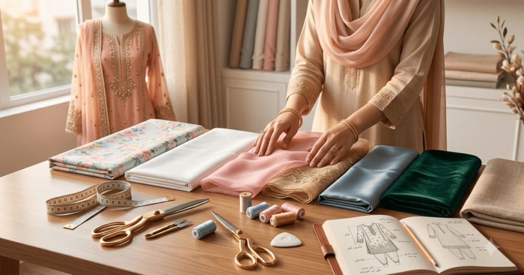 Different Pakistani suit fabrics arranged for custom stitching