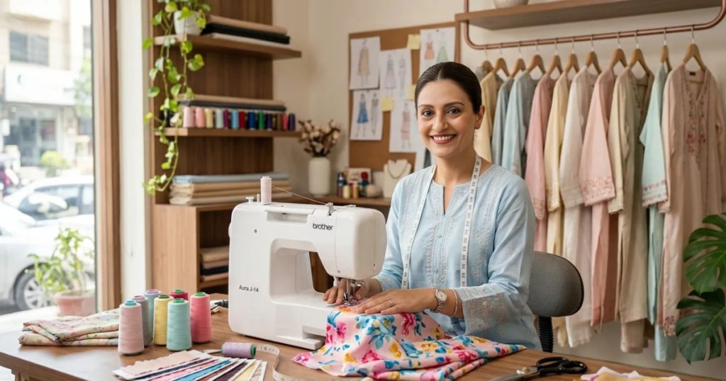 Pakistani woman starting a ladies tailoring business with sewing machine and boutique setup