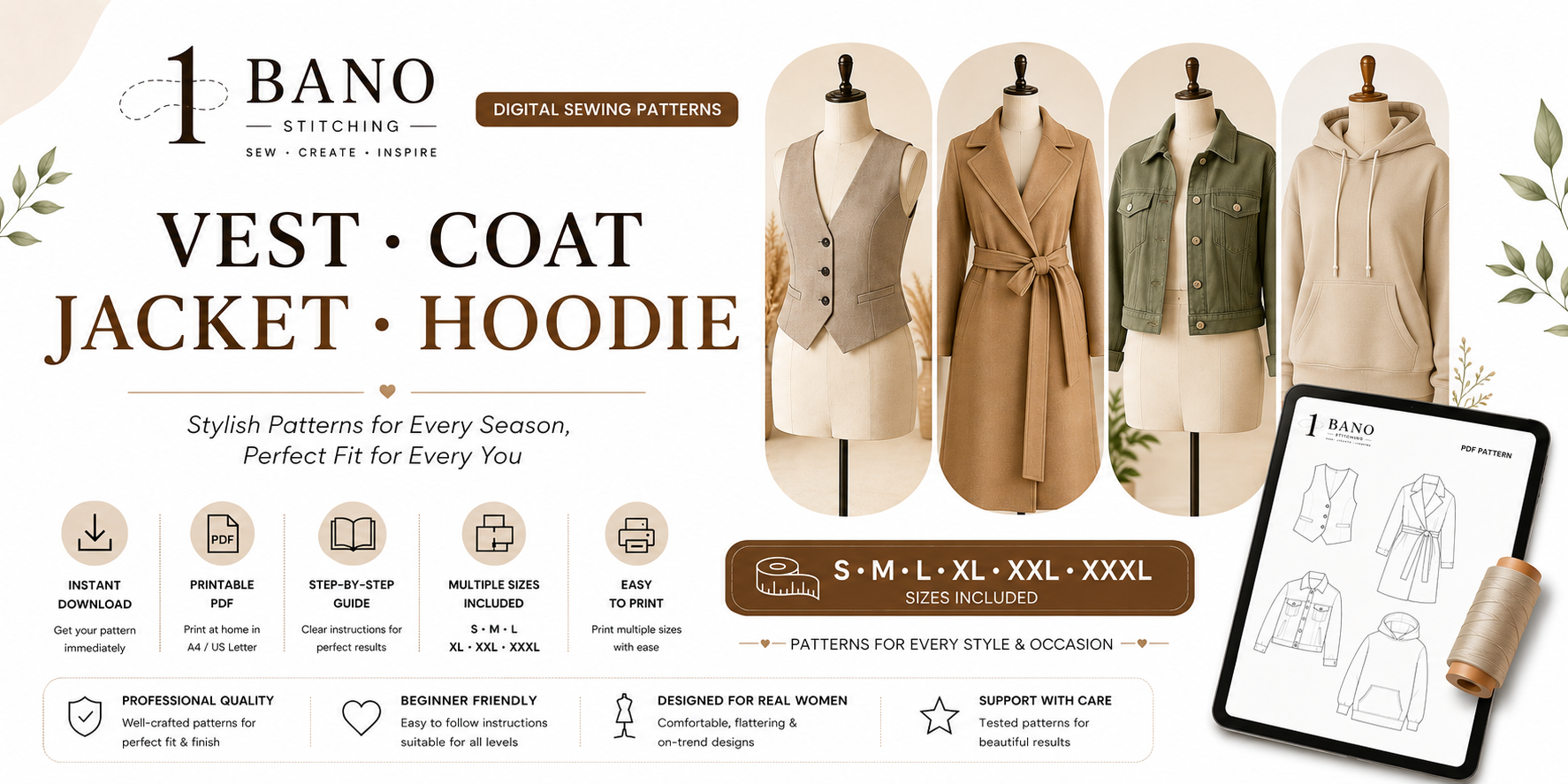 Bano Stitching vest coat jacket hoodie sewing pattern with stylish outerwear designs and printable pattern sketches.