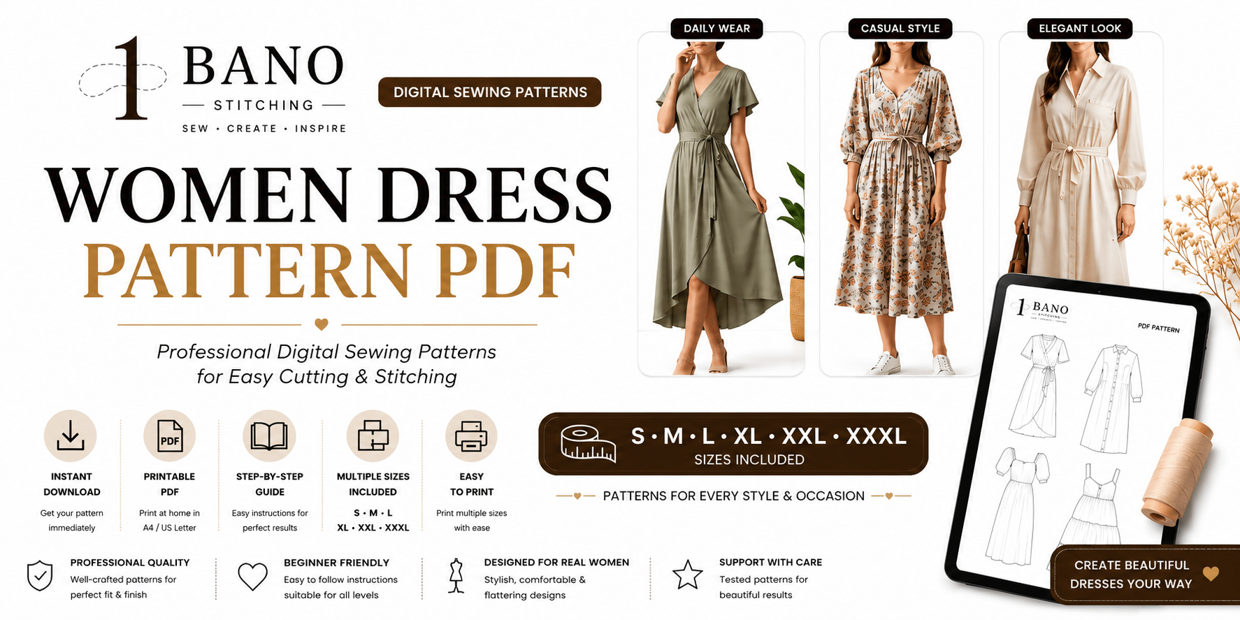 Bano Stitching women dress sewing pattern PDF with printable design, step by step guide, and easy cutting and stitching instructions.