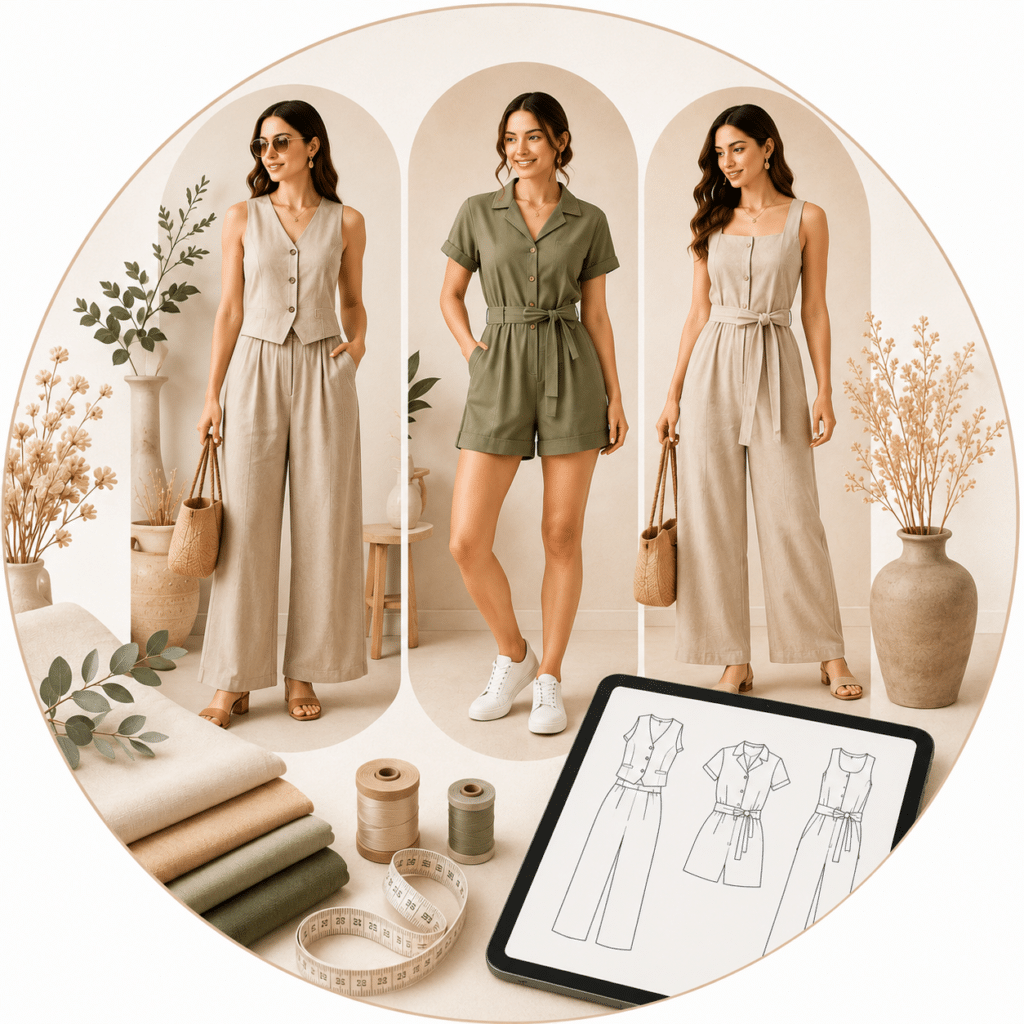 Bano Stitching women sets romper jumpsuit sewing pattern PDF for printable A4 sewing, DIY outfits, and boutique tailoring