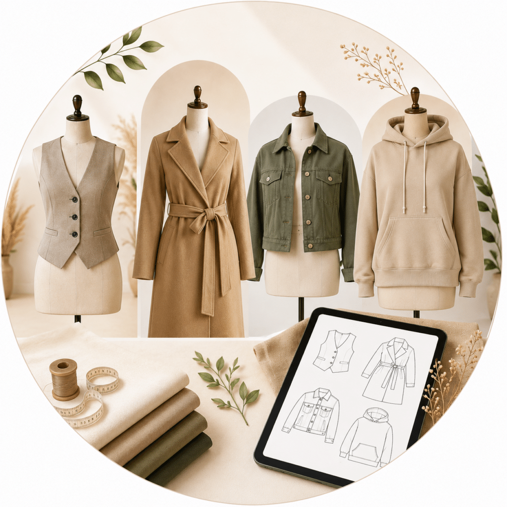 Bano Stitching vest coat jacket hoodie sewing pattern PDF for printable A4 outerwear stitching and DIY fashion projects.