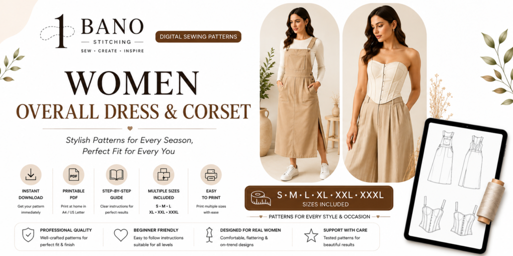 Bano Stitching women overall dress and corset sewing pattern PDF for A4 printable patterns, DIY fashion, and boutique tailoring.