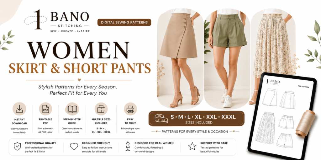 Bano Stitching women skirt and short pants sewing pattern for printable A4 dressmaking, boutique stitching, and DIY fashion projects.