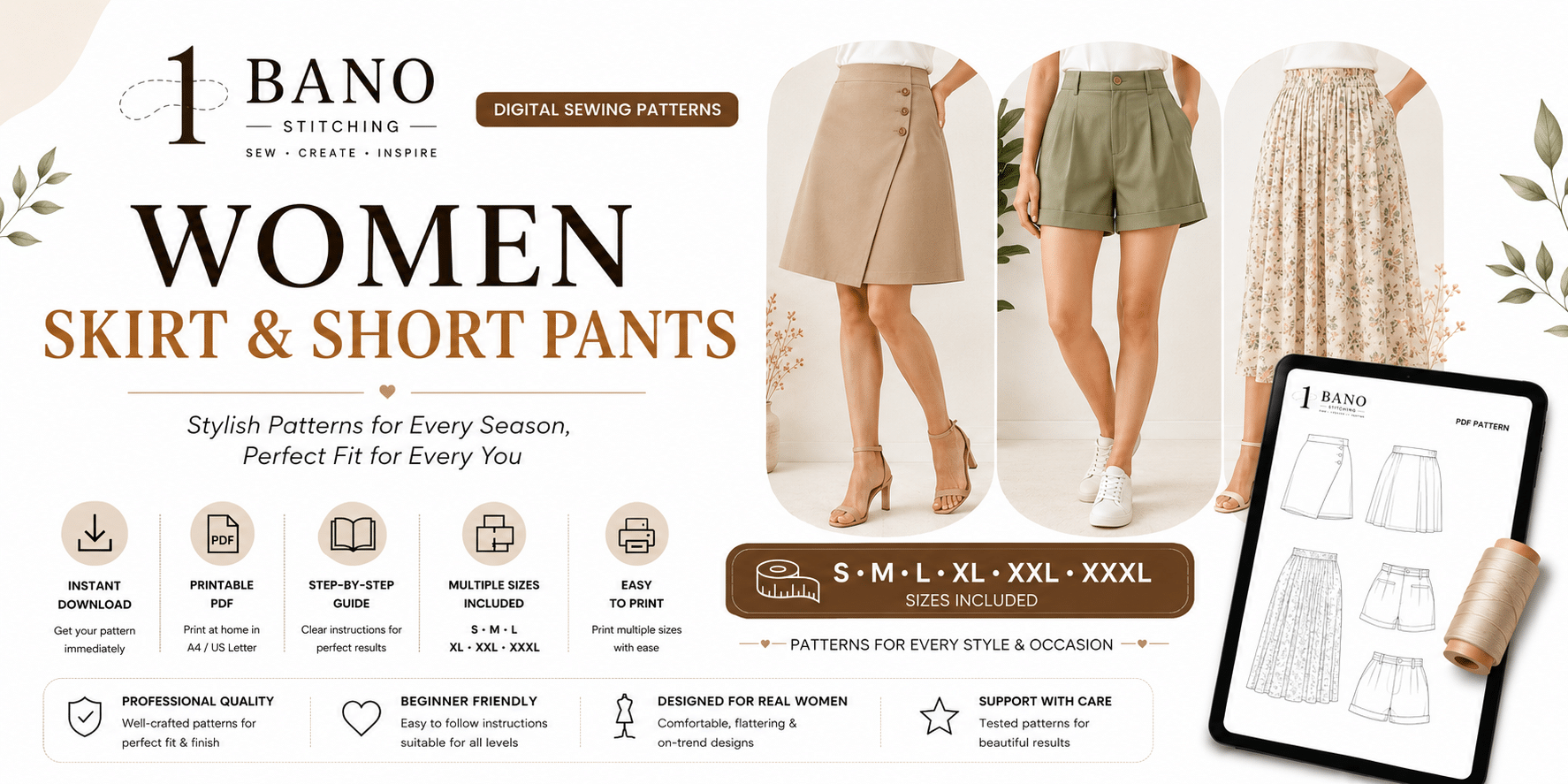 Bano Stitching women skirt and short pants sewing pattern for printable A4 dressmaking, boutique stitching, and DIY fashion projects.