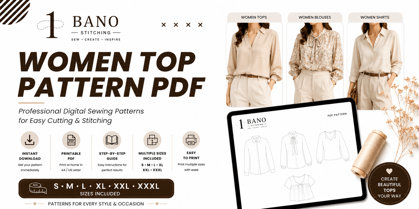 Bano Stitching women top blouse shirt sewing pattern with elegant neutral outfit styles.