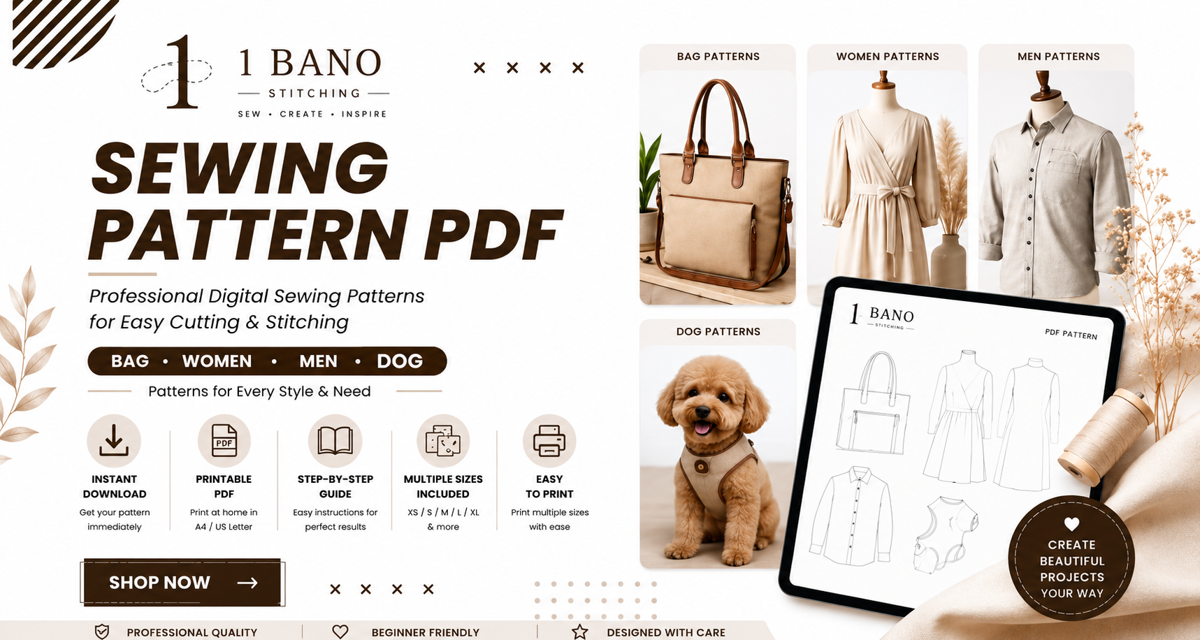 Bano Stitching digital sewing pattern PDFs for bags, women, men and dog clothing with instant download.