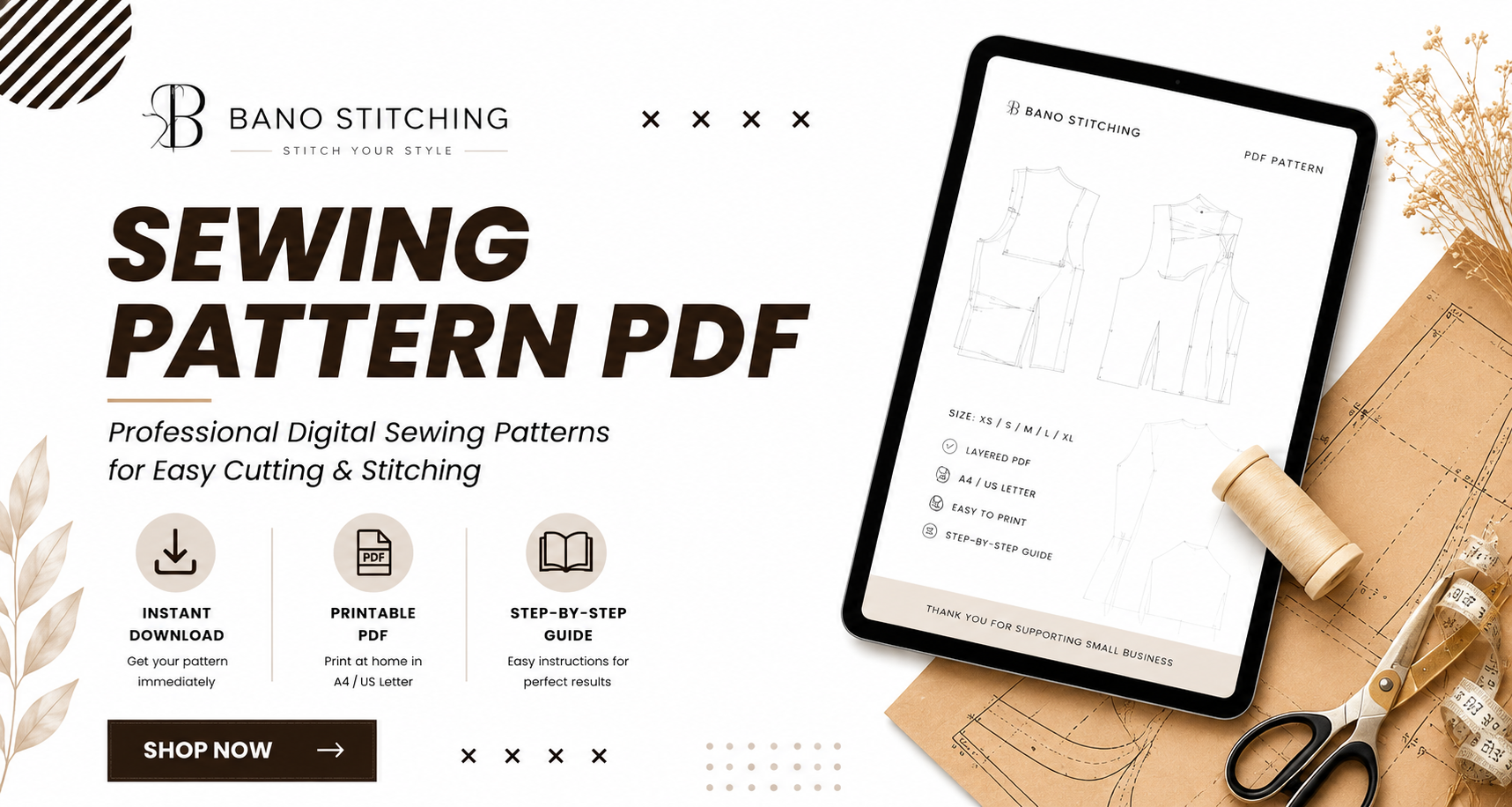 Bano Stitching sewing pattern PDF banner with instant download and printable digital sewing patterns.