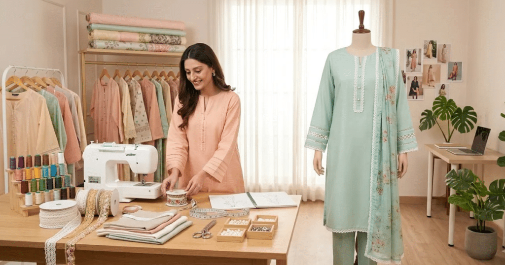 Simple Pakistani suit design ideas that look expensive in a modern boutique stitching studio.