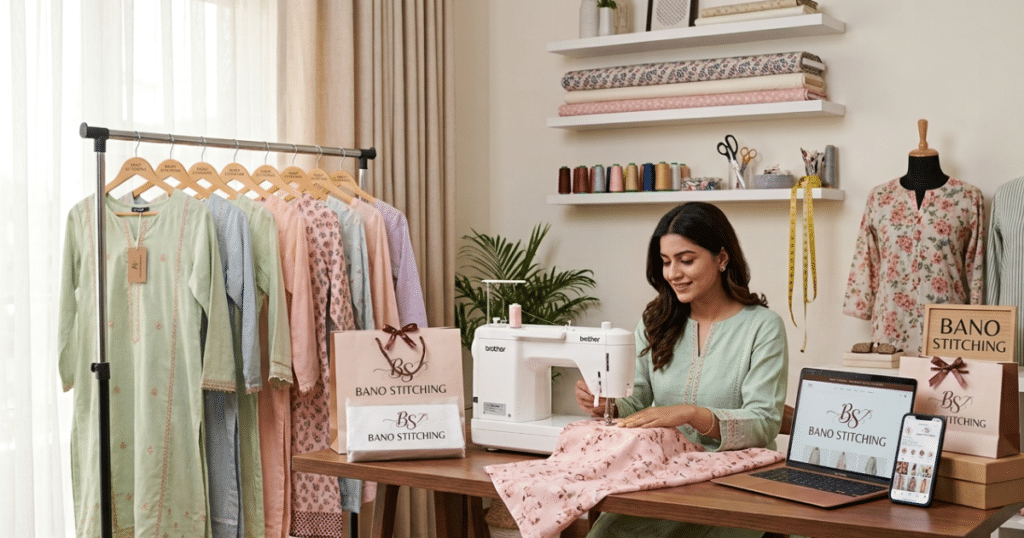 Woman starting a boutique business in Pakistan with low investment from a small home stitching setup.