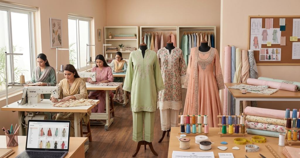 Custom women clothing manufacturing for fashion brands in a modern Pakistani stitching and boutique production studio.