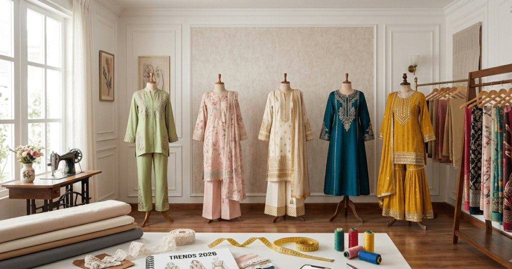 Top women's fashion trends in Pakistan 2026 displayed in a modern boutique stitching studio.